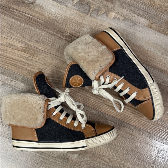 Tory Burch High-Top Benjamin Sneakers with Fur Trim 8.5 - Picture 2 of 15